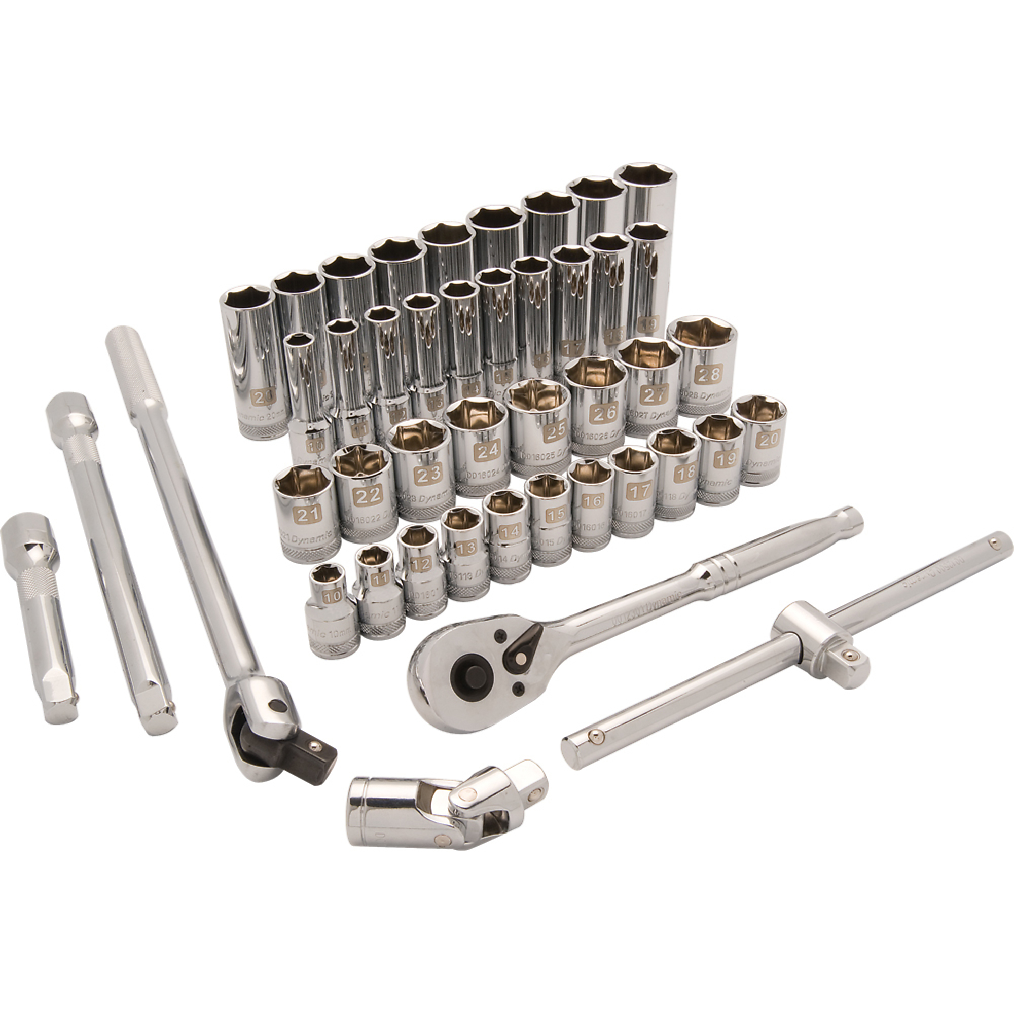 Dynamic Tools, 1/2in. 6 Point Standard/Deep Metric Socket Set, Measurement Standard Metric, Pieces (qty.) 43 Socket Set Type 1/2in. Drive Sets, Model# D018013